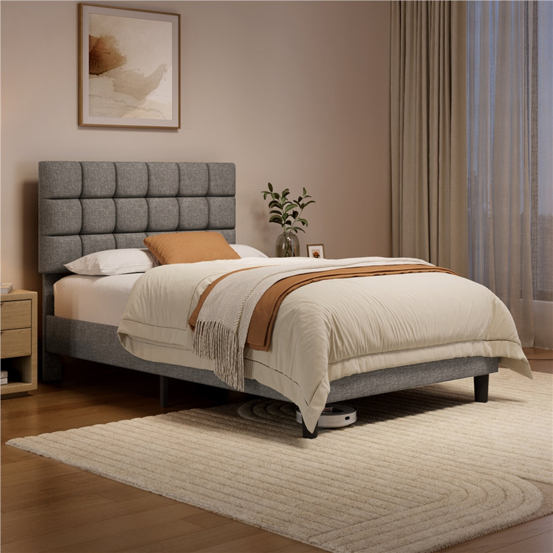Size Modern Upholstered Bed Frame with Adjustable Square Tufted Headboard, Small Double (4'), Linen Fabric/Light Grey