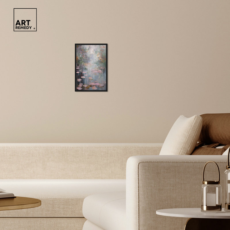 Vincent Van Gogh Inspired Pink Lilypads Canvas Print in Black Frame