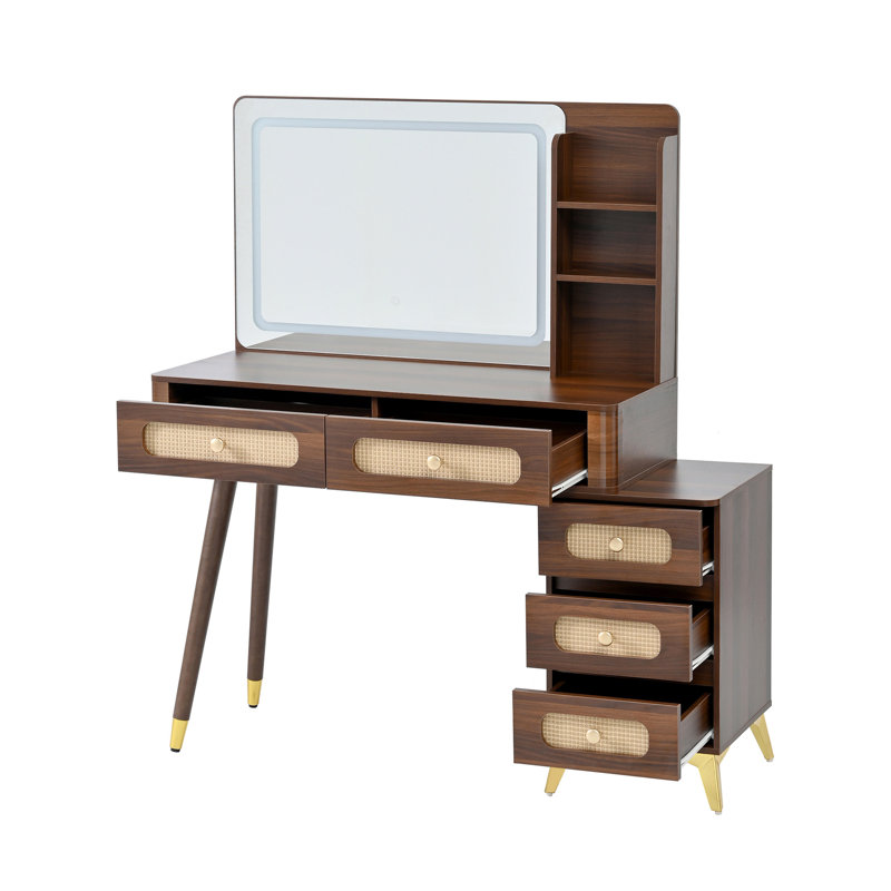 Coiffeuse de 47 po avec miroir et lumières, bureau de maquillage avec 5 tiroirs et tablette de rangement, conception de tiroir en rotin, 3 modes de couleur et coiffeuse à luminosité réglable