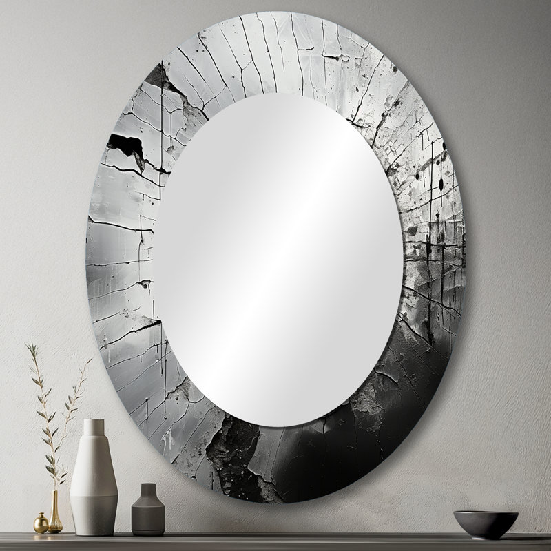 Shattered Grey Stone Geode Minimalism I - Spiritual Oval Decorative Mirror On Metal, 43" H x 33" W
