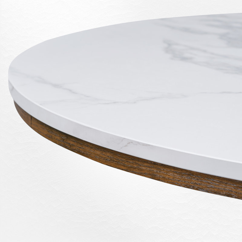 Ignotas Round 46.52'',Dining table,Kitchen table,Pedestal dining table with wood frame, White Marble/Brown