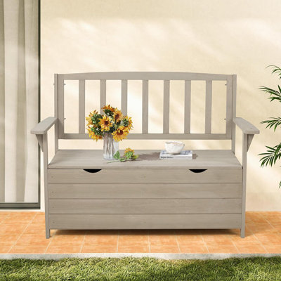 Outdoor Wooden Storage Bench, Patio Storage Box With Portable Handle & Seating, Deck Loveseat Bench With Armrests And Backrest For Backyard & Balcony, Grey