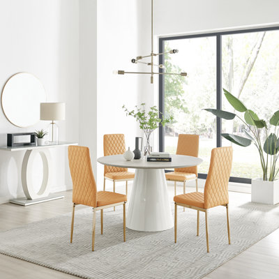 Edzard Statement Round Dining Table Set in Luxury Beige Stone Effect & 4 Faux Leather Dining Chairs