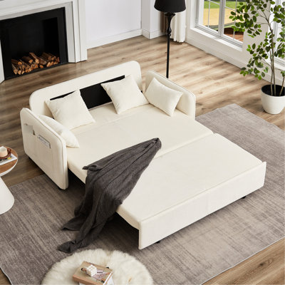 66 Inch Pullout Convertible Bed In Beige Corduroy, 4 Pillows, Side Pockets, High - Resilience Foam, 2 Seat, For Bedroom And Small Apartment Sleeper Density Foam Filler, Office, Game Room,