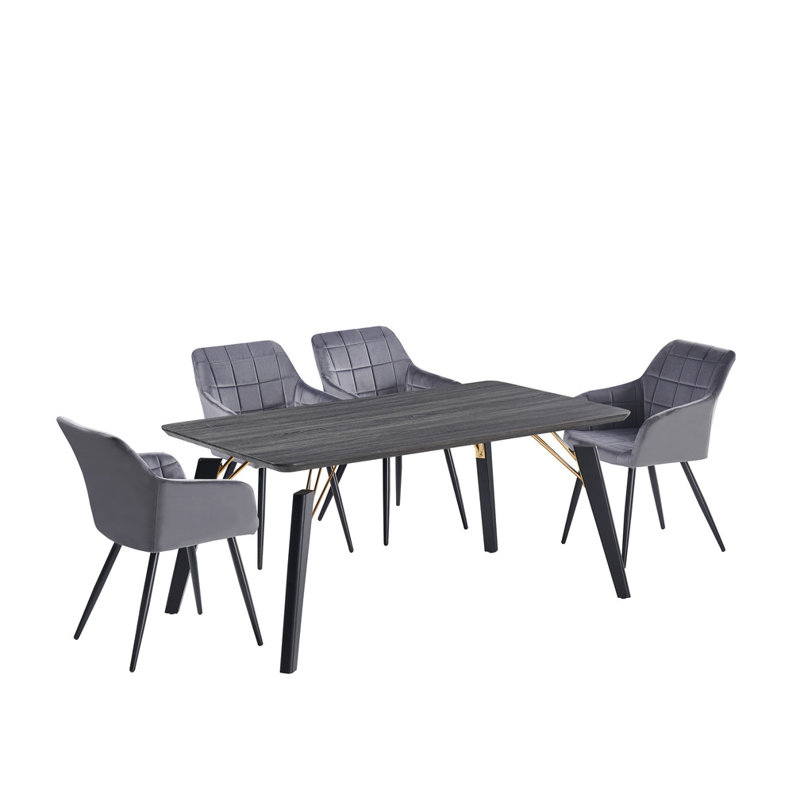 Yerres 4 Person Dining set - a Rectangular Wooden Dining Table with Metal Legs and a Set of 4 Quilted Velvet Dining Chairs for Dining Room - Modern Dining Table Set