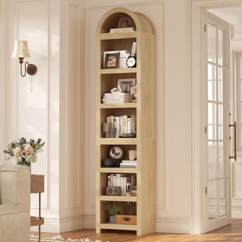 76" Tall Narrow Arched Bookcase, 7-Teir Mid-Century Modern Bookshelf For Living Room, Home Office, Oak