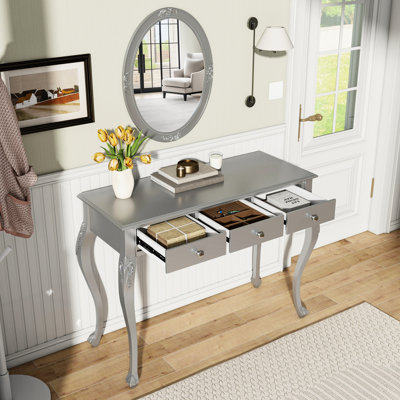 Élégante coiffeuse à maquillage argentée avec miroir ovale unique et 3 tiroirs de rangement, idéale pour le vestibule, la chambre à coucher, le salon, les tiroirs courbés, les bijoux, le rangement des cosmétiques, la décoration intérieure parfaite