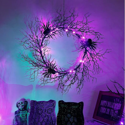 Couronne d'Halloween de 24 pouces pour la porte d'entrée - Couronne d'araignée noire éclairée avec lumières DEL mauves, décorations effrayantes d'extérieur / d'intérieur pour la fête d'Halloween, porche, décoration de maison de vacances