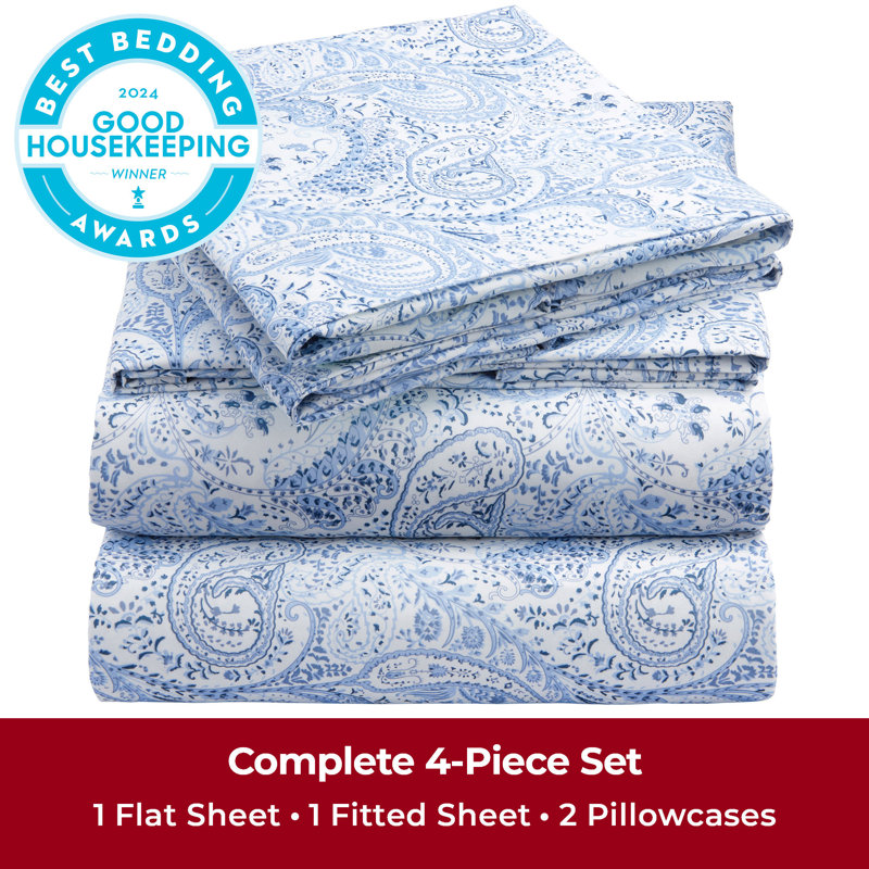 Draps Mellanni 1800, Ensemble de draps pour grand lit, Motif cachemire bleu