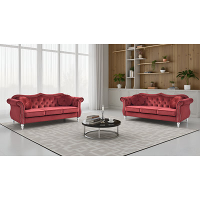 Geneva Burgundy Velvet Fabric Sofa Set Of 2