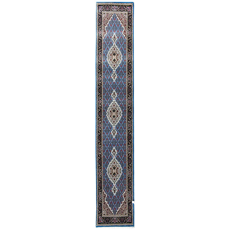 Wool Oriental Area Rug in Blue/Black/White, Runner 2'6" x 10'