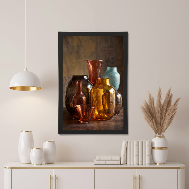 Vase en verre ambre et bleu sarcelle sur toile, H 24 po x l 16 po