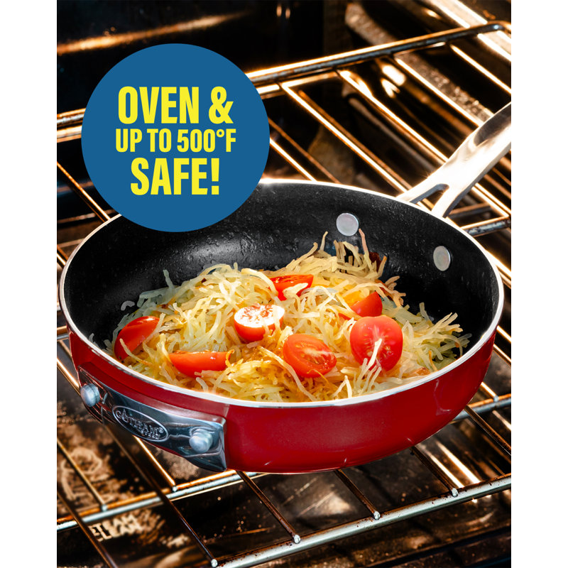 Gotham Steel Stackable Space Saving 10 Piece Aluminum Nonstick Cookware Set with Utensils, Red
