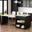 Îlot de cuisine extensible avec table à manger pour 4 à 6 personnes, comptoir en faux marbre noir, 2 tiroirs, prise électrique, base réglable 4-6, armoire imitation bois, étagères latérales, 1 port, prises secteur réglables