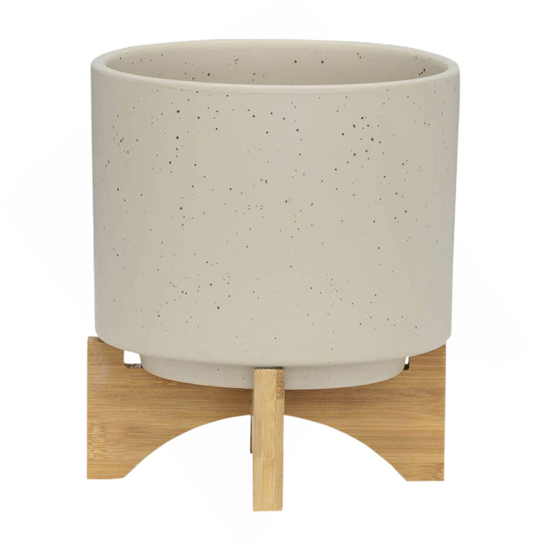 S/2 5/8" PLANTER W/ WOOD STAND, MATTE BEIGE