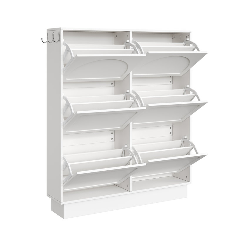 Modern Elegant Narrow Tipping Bucket Shoe Cabinet with 6 Flip Drawers - Cream White Entryway Shoe Storage Organizer with Adjustable Shelves and 3 Silvery Hooks