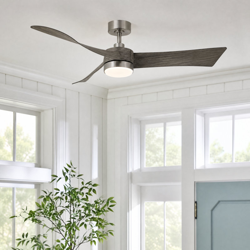 54'' 3 - Blade Modern LED Ceiling Fan with Remote Control and Light Kit, Satin Nickel/Gray Oak