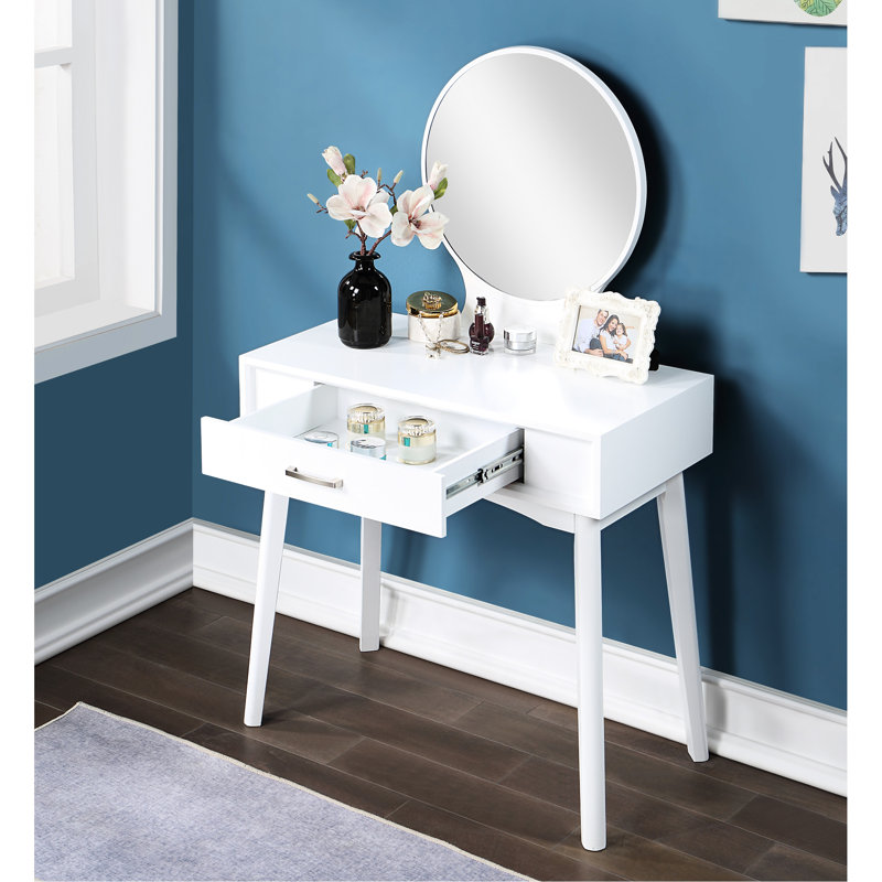 Modern White Vanity And Stool By - Solid Rubberwood Frame With Matching Enhance Your Dressing Area Contemporary , Elegant For Living Decor Table Drawer Round Mirror Included