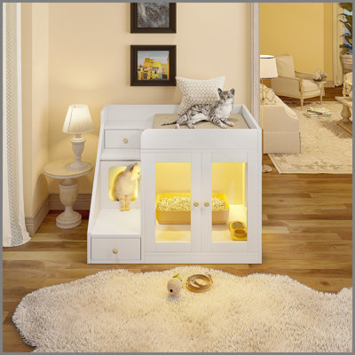 Enceinte de litière pour chat avec lumière, meuble de litière caché avec 2 tiroirs de rangement, table d'appoint intérieure pour chat, blanc
