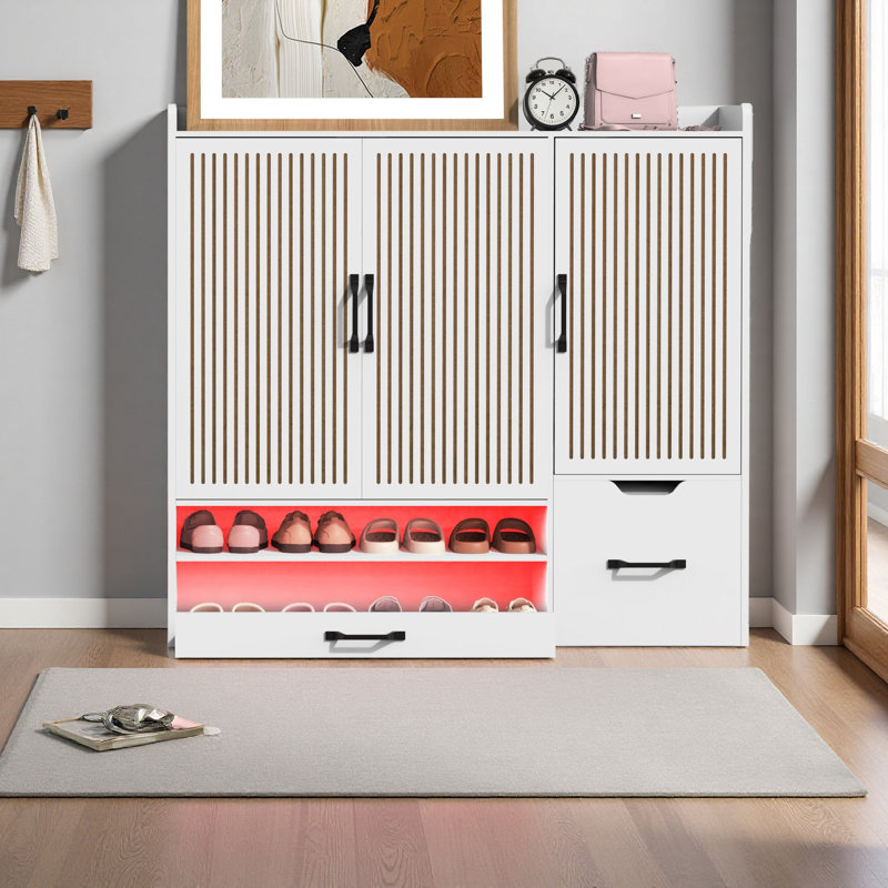 Armoire à chaussures multifonctionnelle avec tablettes réglables, tabouret, tiroir escamotable, range-chaussures minimaliste avec surface supérieure robuste pour différentes tailles d'articles