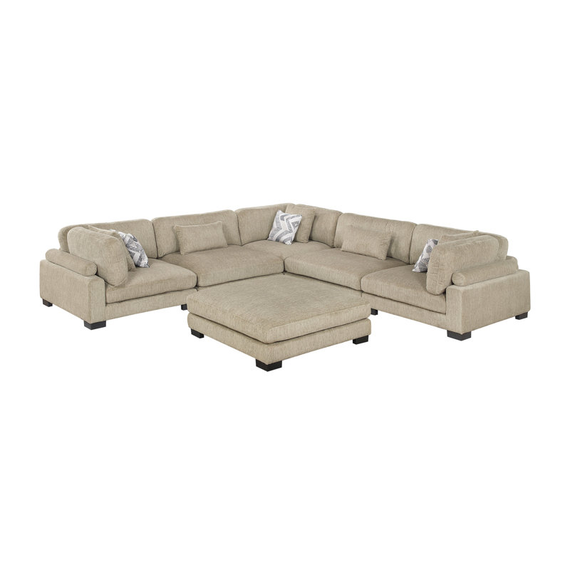 Canapé modulaire brun contemporain 6 pièces avec repose-pieds et coussins moelleux rembourrés en bois massif