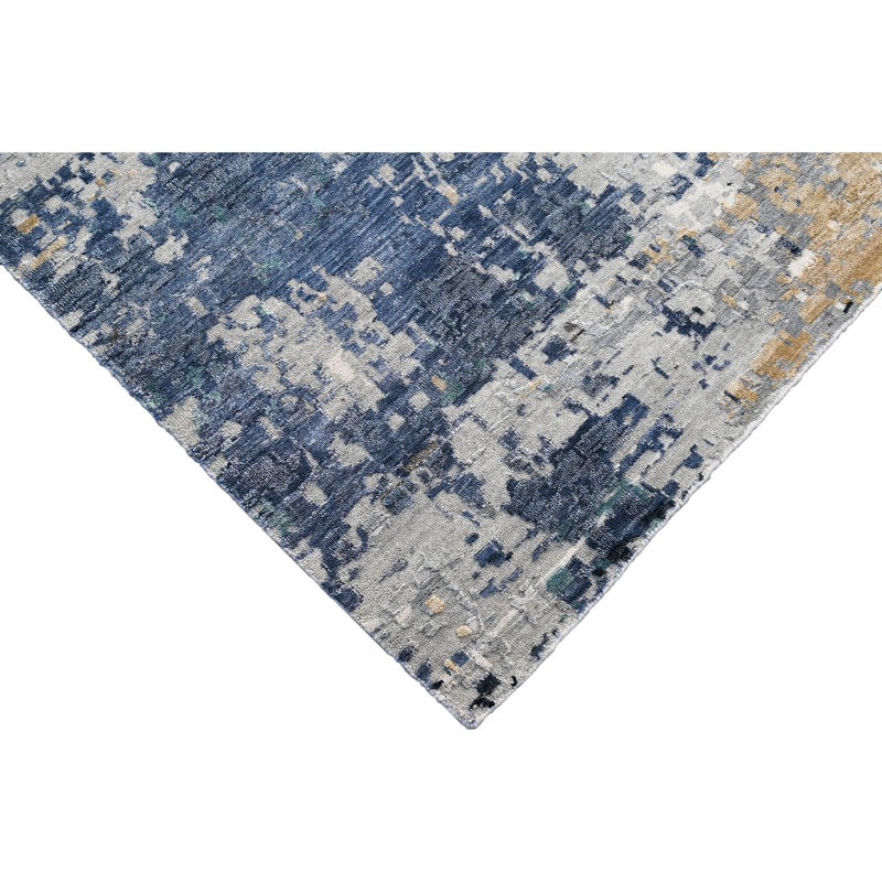 Hand Knotted Abstract Area Rug in Silver/Blue/Tan, Rectangle 9' x 12'