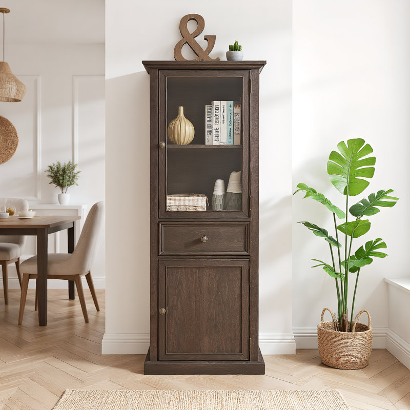Narrow Tall Storage Cabinet With Drawer, Freestanding Sideboard Cabinet With Glass Door And Shelves, For Living Room, Kitchen, Dining Room, Office
