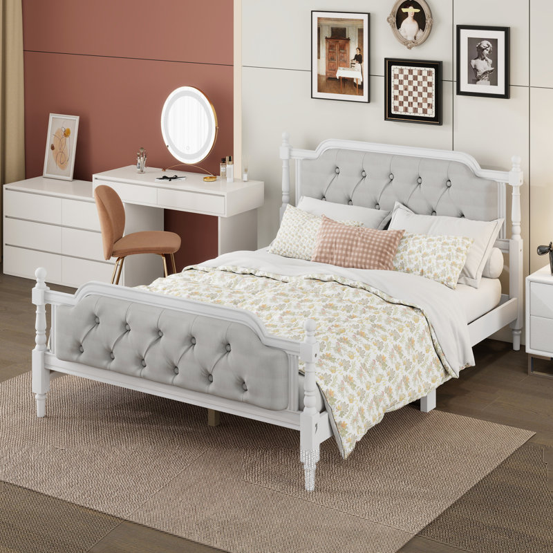 Upholstered Platform Bed with Headboard, Full / Double, Antique White