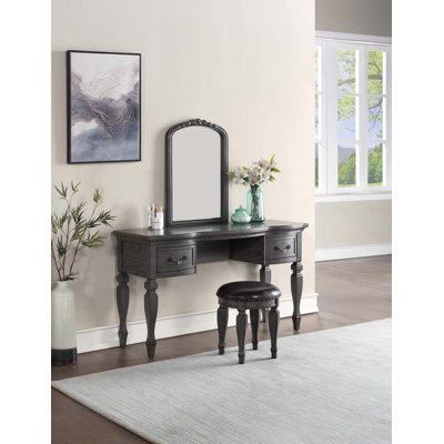 Ensemble de meuble-lavabo luxueux en bois classique avec miroir sculpté, tabouret et tiroirs