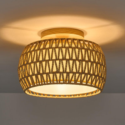 Boho Rattan Flush Mount Ceiling Light Fixtures, Hand-Woven Natural Rattan With Hemp Rope, Farmhouse Rustic Design For Dining Room Kitchen Bedroom Hallway Entryway