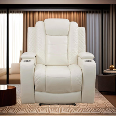 Softaura White Vegan Leather Power Reclining Chair With LED Lights,USB Charging,Armrest Storage Compartment And Cup Holders