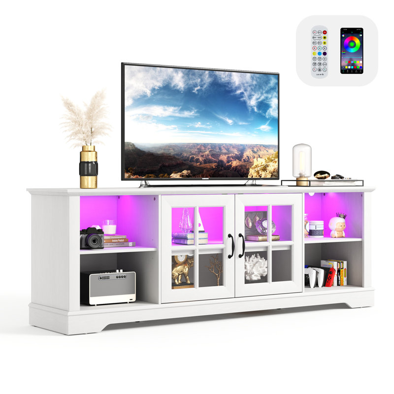 White MDF and Glass TV Stand with Cabinets for 75" TVs