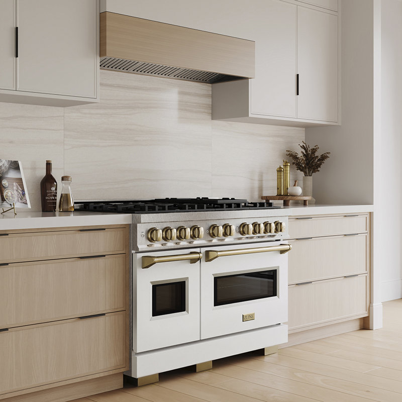 ZLINE Autograph 48 in. Classic Gas Range with 8 DuoPro Burners & White Doors w/ Bronze Accents, Natural Gas/Liquid Propane