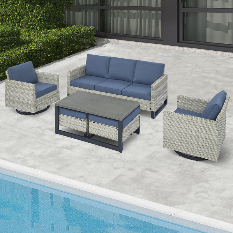 Ingvald Wicker 5 - Person Patio Conversation Set with Cushions, Dark Blue