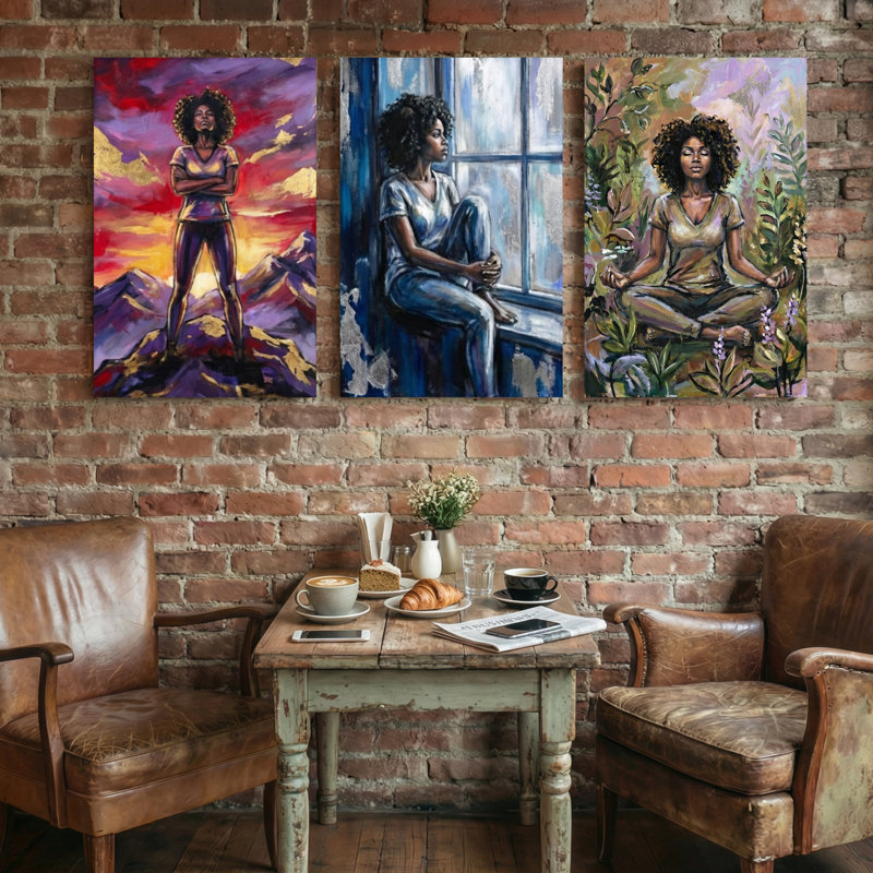 «Abstract Empowered Woman In Three Scenic Réglages», ensemble de 3 impressions d'art sur toile, 30” H x 60” W