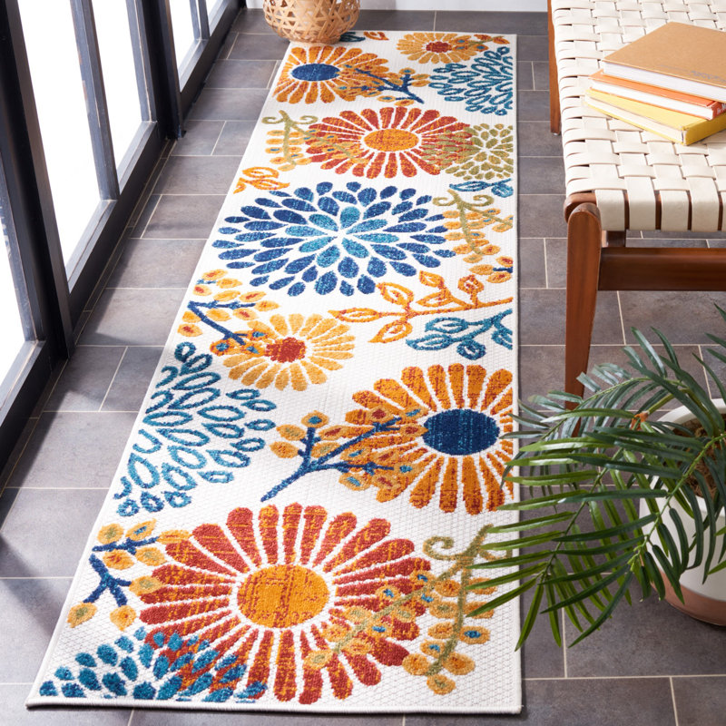 Kellems Performance Floral Indoor/Outdoor Area Rug, Runner 2' x 10', Blue/Orange/Cream