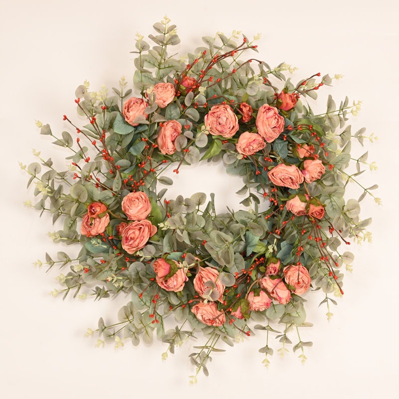 26" Artificial Everyday Eucalyptus Berry Rose Floral Front Door Wreath For Wedding Party Home Decor, Orange