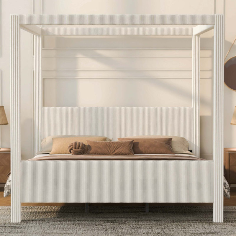 Lit plateforme capitonné avec tête et pied de lit, motif en velours côtelé à côtes verticales, Beige