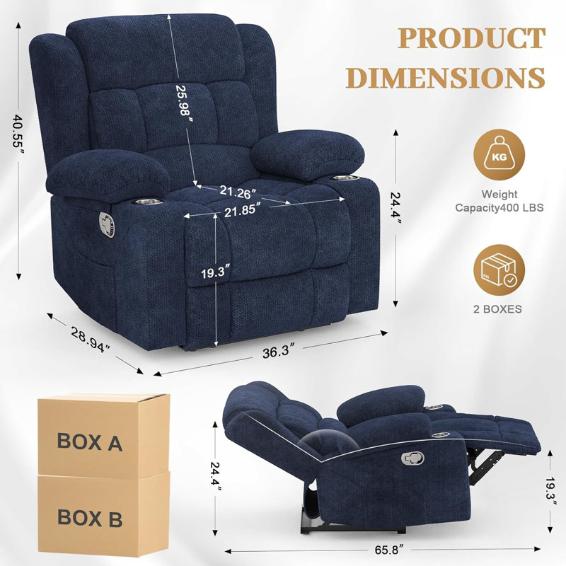 Recliner Chair for Adults, Oversized Fabric Manual Pull Tab Reclining Chair with Cup Holders, Minimalist Style Single Sofa for Living Room, RV