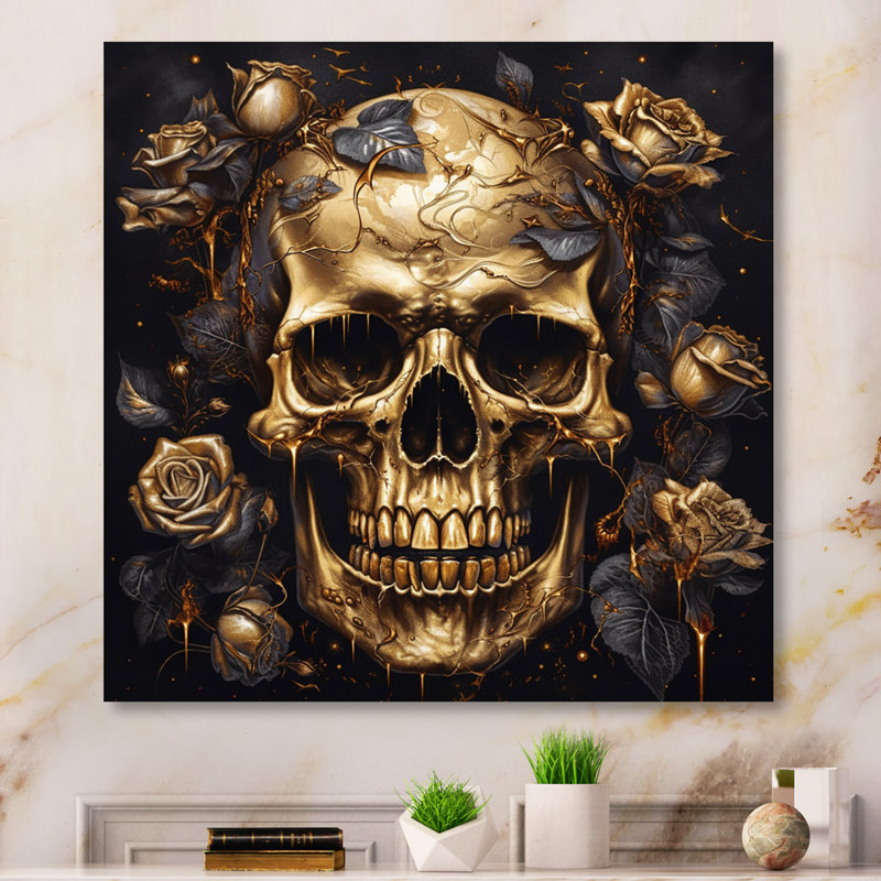 Gothic Skull Roses - reproduction d'art sur métal sans cadre, H 16 po x l 16 po x P 1 po