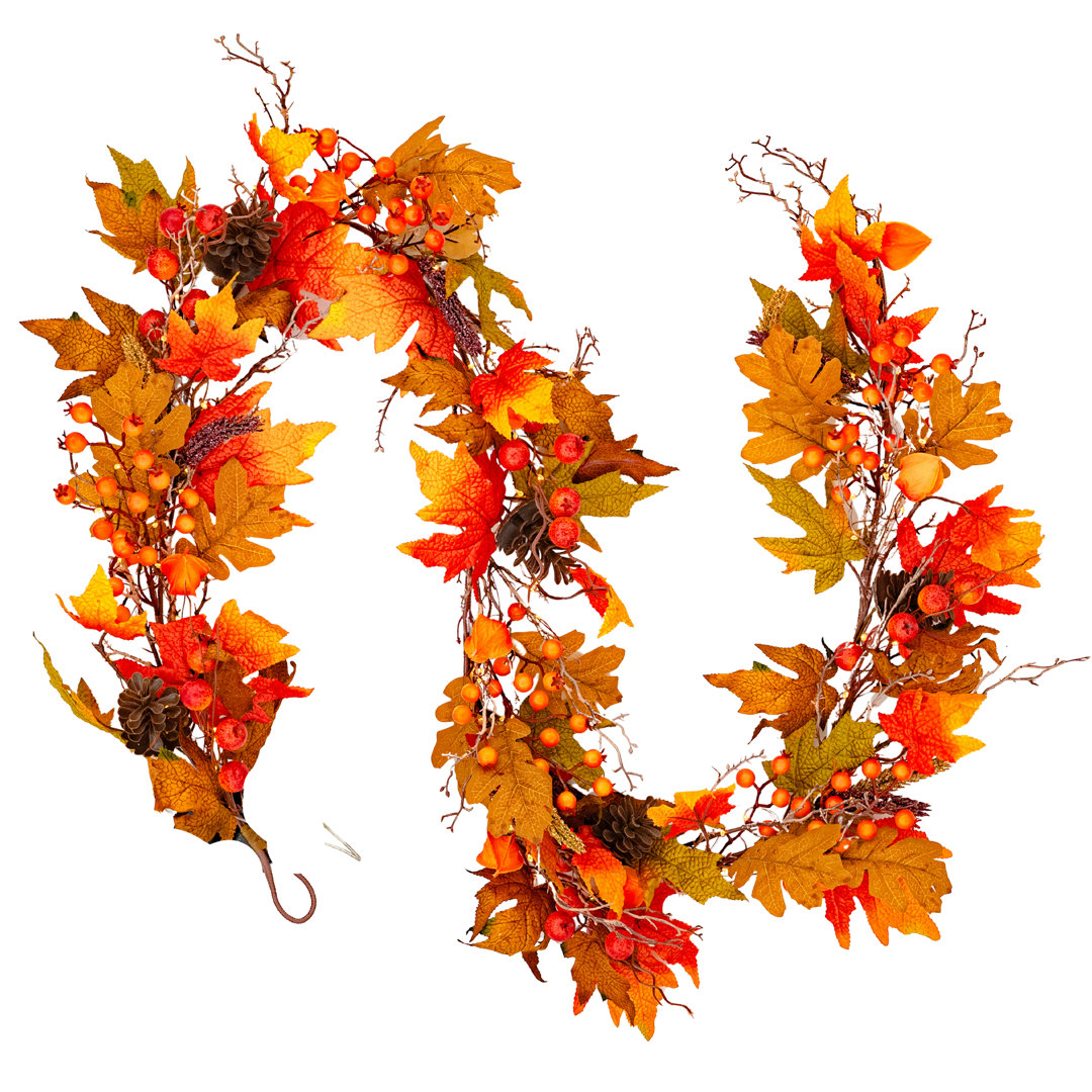 AUTUMN MAPLE - 6ft x 10" Garland with Warm White LED Microbulbs