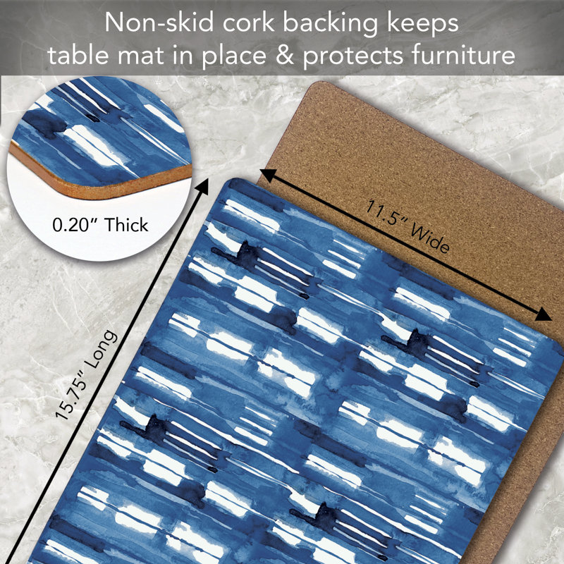 Indigo Blue Geometric Hardboard Placemats with Cork Backing, Set of 4