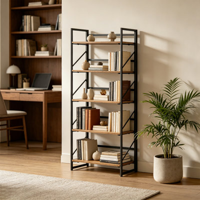 Bibliothèque pliante, 5 niveaux, bibliothèque industrielle en bois pliable avec structure en métal, sans assemblage