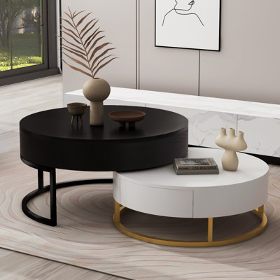 Tables basses gigognes modernes à plateau relevable avec 2 tiroirs blanc et noir