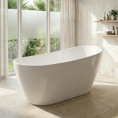 Spacious Acrylic Freestanding Bathtub – Deep Soaking Stand Alone Tub with Chrome Overflow & Drain – Gloss White, Modern Centerpiece – 7105 One raised end acrylic freestanding bathtub + chrome-plated bathtub drain 1700mm