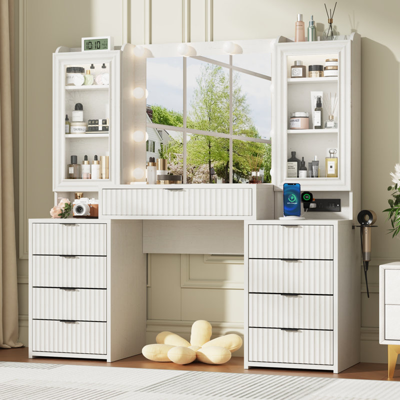 55" Fluted Makeup Vanity Desk With Mirror & Lights, Makeup Vanity With Power Outlet And 9 Drawers 2 Cabinets, White