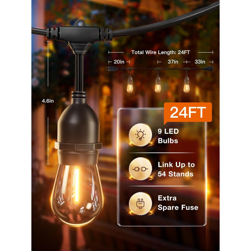 Guirlande 24 lumières DEL d'extérieur, ampoules incassables Edison
