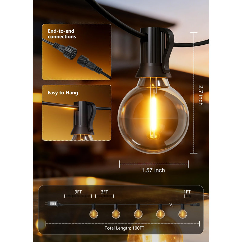 Outdoor String Lights with Remote, Waterproof Dimmable LED Bulbs