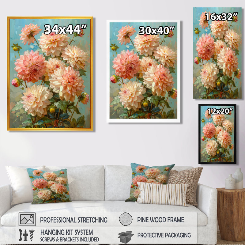 Dahlia rose rose vert été - décoration murale Dahlia, Encadrement argenté, H 16 po x l 32 po
