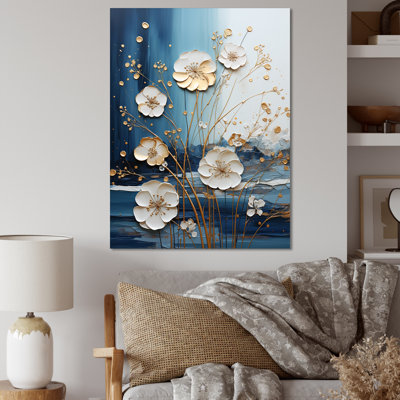Encre liquide blanche et bleue V - Fleurs, art mural